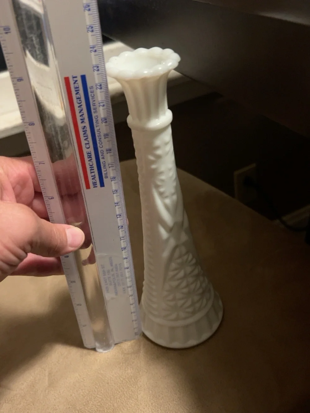 Vintage White Milk Glass Bud Vase Starburst Geometric Scalloped Rim